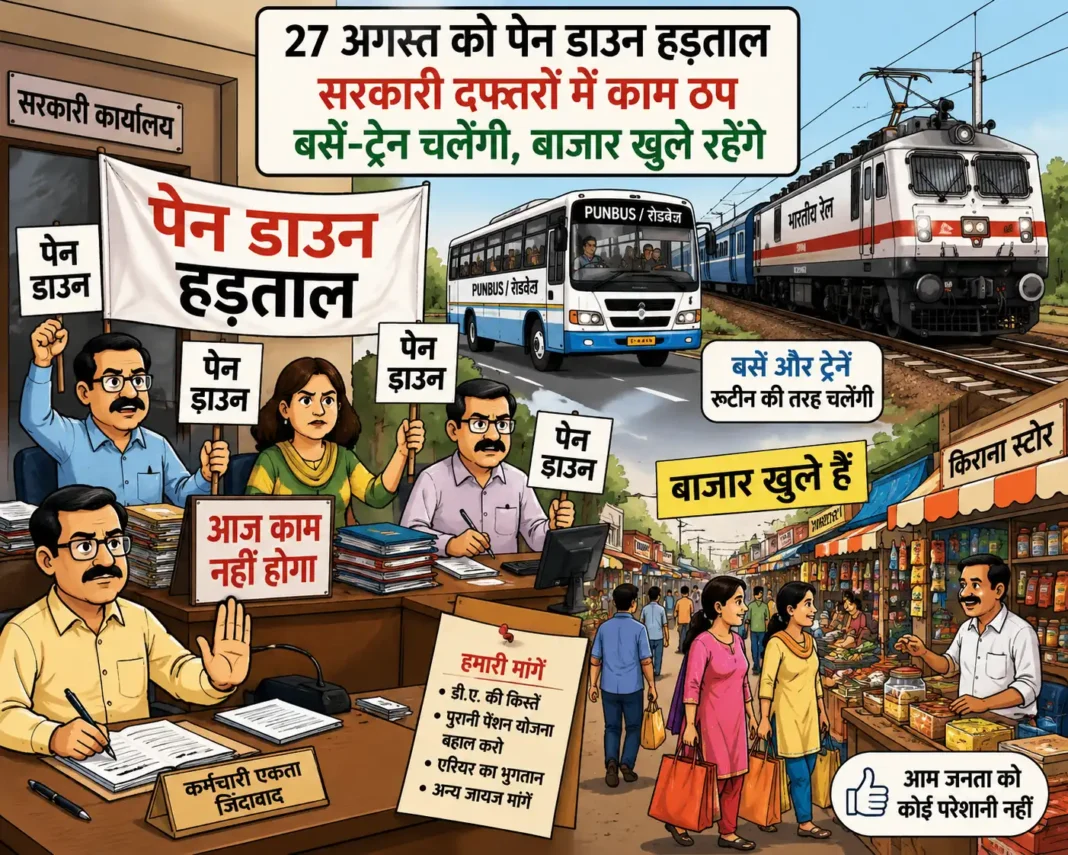 27 अगस्त को सरकारी दफ्तरों में काम ठप, ट्रेन-बसें चलेंगी, बाजार भी खुले रहेंगे 27 अगस्त को सरकारी दफ्तरों में काम ठप, ट्रेन-बसें चलेंगी, बाजार भी खुले रहेंगे