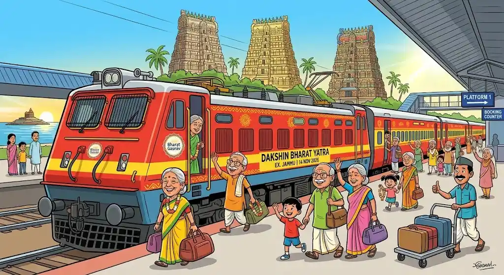 ‘दक्षिण भारत यात्रा’ भारत गौरव टूरिस्ट ट्रेन नवंबर को, श्रद्धालुओं को मिलेंगे 5 प्रमुख धार्मिक स्थलों के दर्शन ‘दक्षिण भारत यात्रा’ भारत गौरव टूरिस्ट ट्रेन नवंबर को, श्रद्धालुओं को मिलेंगे 5 प्रमुख धार्मिक स्थलों के दर्शन