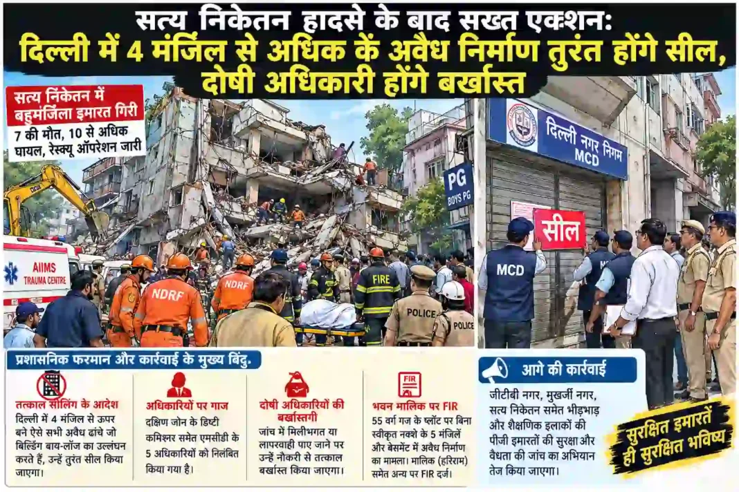 सत्य निकेतन हादसे के बाद सख्त एक्शन: दिल्ली में 4 मंजिल से अधिक के अवैध निर्माण तुरंत होंगे सील, दोषी अधिकारी होंगे बर्खास्त सत्य निकेतन हादसे के बाद सख्त एक्शन: दिल्ली में 4 मंजिल से अधिक के अवैध निर्माण तुरंत होंगे सील, दोषी अधिकारी होंगे बर्खास्त